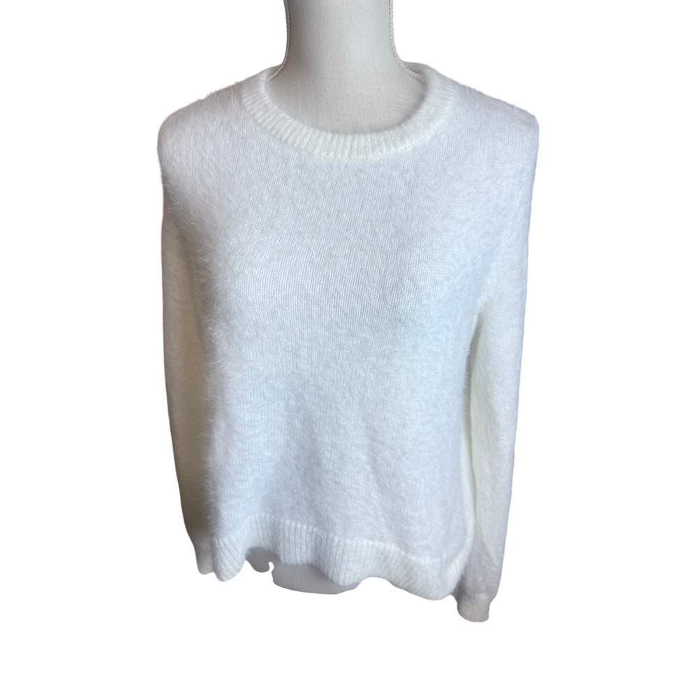 HM White Eyelash Fluffy Knit Sweater Womens Small Fuzzy Crew Neck Pullover